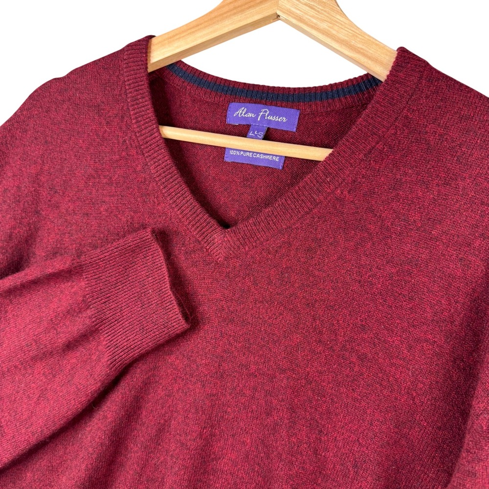 Alan Flusser Mens Large Burgundy 100% Pure Cashmere V-Neck Sweater Heathered Red